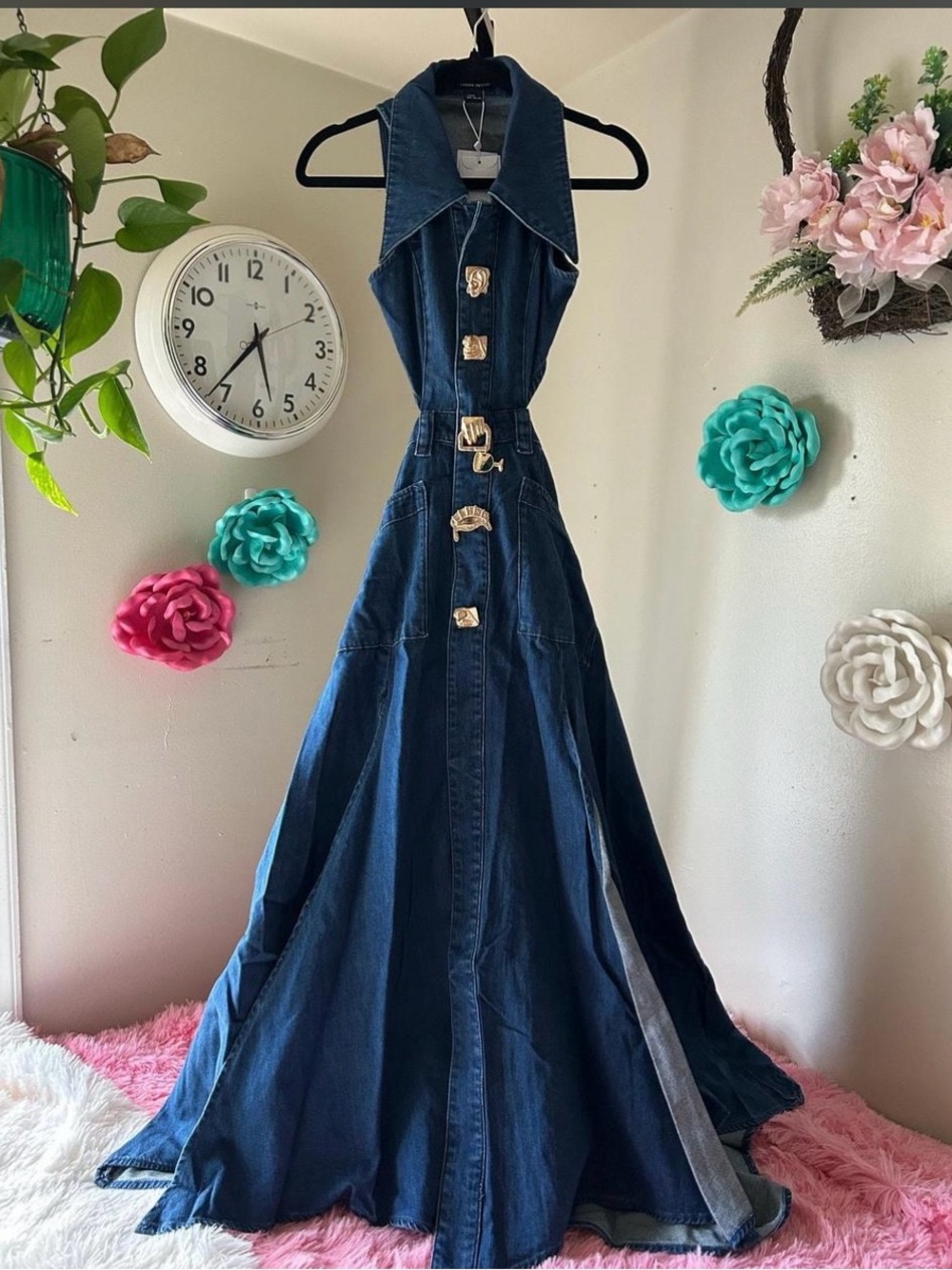 One left Dark Blue Denim Maxi Dress with Statement Buttons size 10 - Picture 7 of 8